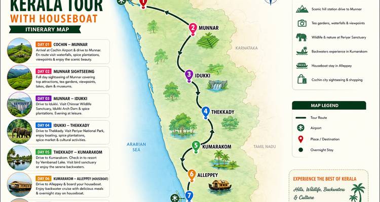 Illustrierte Reiserouten-Karte einer Kerala-Hausboot-Tour über die südwestliche Region Indiens.