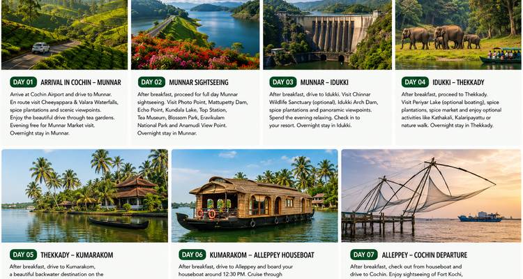 Grafische Collage mit einem mehrtägigen Kerala-Reiseplan mit Textblöcken und Miniaturfotos.