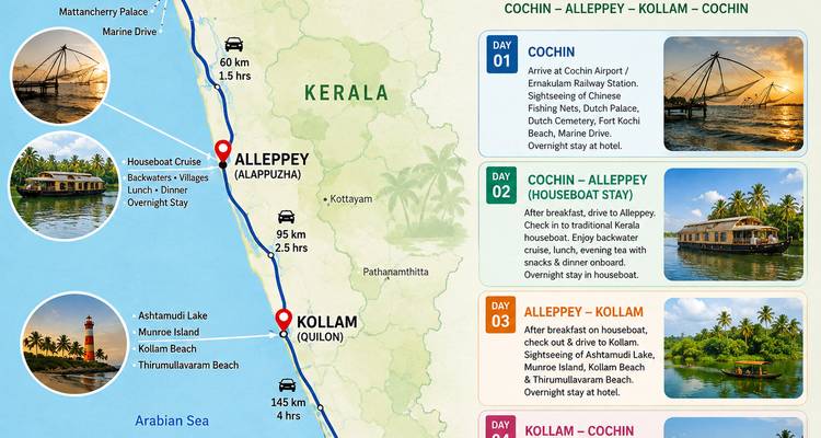 Farbenfrohe Reiserouten-Karte und Zeitplan für eine Kerala-Backwater-Tour mit Text-Overlays.