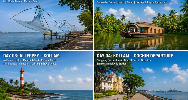 Collage von Attraktionen der Backwaters von Kerala und Zeitplan mit prominenten Textüberlagerungen.