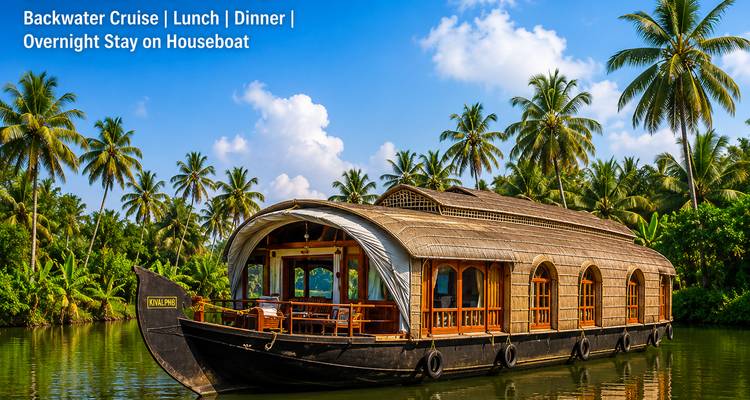 Traditionelles Hausboot aus Kerala auf ruhigem Backwater-Kanal mit Palmen und Textüberlagerung.
