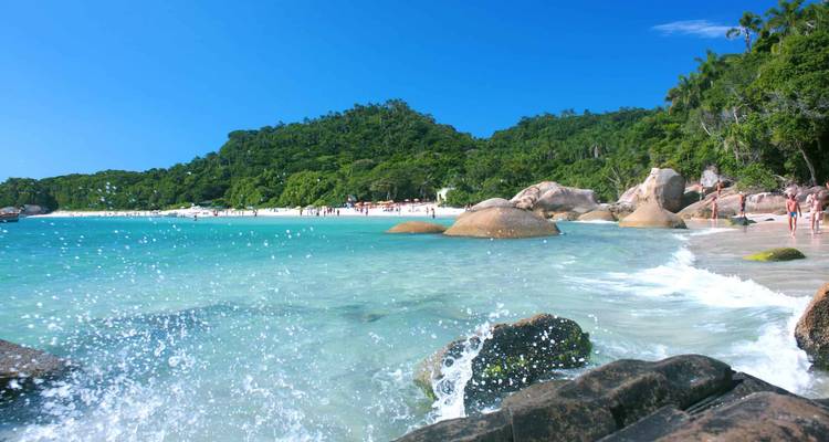 Les vagues qui s'éclaboussent sur les rochers côtiers à côté d'une baie aux eaux cristallines turquoise et d'une plage de sable blanc adossée à une forêt tropicale