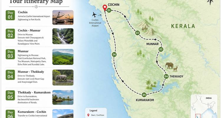 Illustrierte Reiserouten-Karte von Kerala mit der Route zwischen Cochin, Munnar, Thekkady und Kumarakom