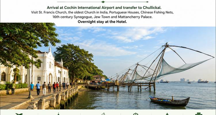 Itinerarium-Folie mit Textdetails und Foto von chinesischen Fischernetzen in Kochin