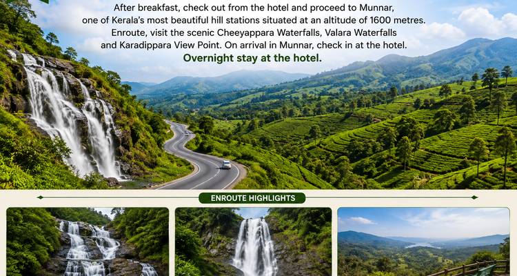 Itinerary-Folie mit Text und Collage von Wasserfällen und Teeplantagen auf dem Weg nach Munnar