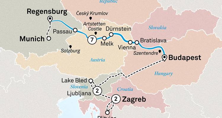 Kaart met daarop aangegeven een route van München door Oostenrijk naar Boedapest en het Blegmeer.