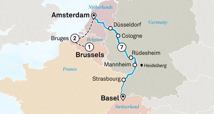 Carte présentant un itinéraire de croisière d'Amsterdam à Bâle à travers l'Allemagne et la France.