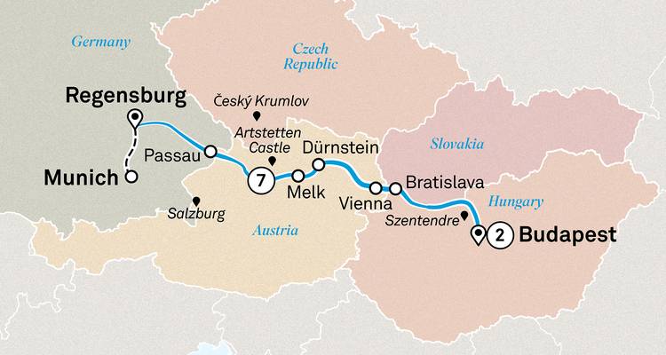 Kleurcoded routekaart van een Donaucruise van München naar Boedapest.