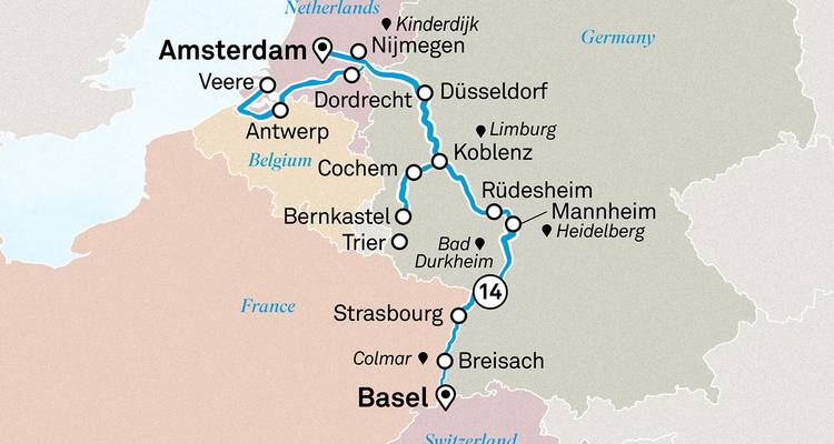 Carte de l'itinéraire de croisière d'Amsterdam en descendant le Rhin et la Moselle jusqu'à Bâle.