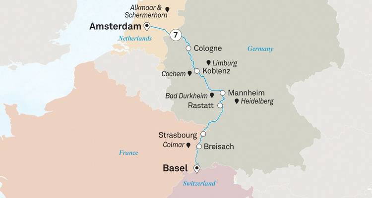 Carte d'itinéraire de croisière retraçant un parcours de Bâle à Amsterdam à travers la vallée du Rhin.