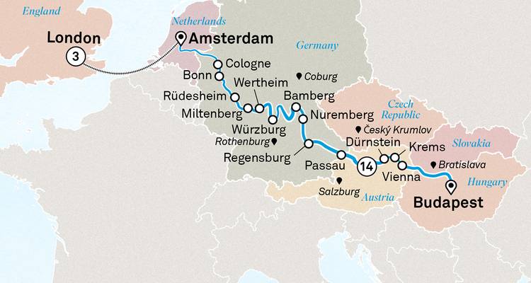 Carte d'itinéraire reliant Londres à Amsterdam et Budapest via une croisière fluviale européenne.