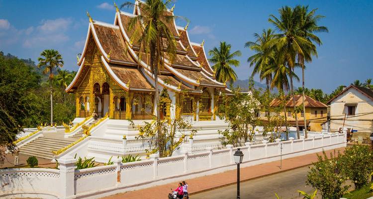 Der vergoldete Haw Pha Bang Tempel leuchtet im Sonnenlicht inmitten von Palmen entlang einer ruhigen Straße in Luang Prabang.