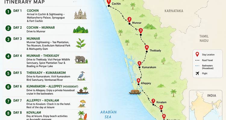 Illustrierte Reiserouten-Karte von Kerala mit Stadtstopps, Fahrstrecken und Symbolen.