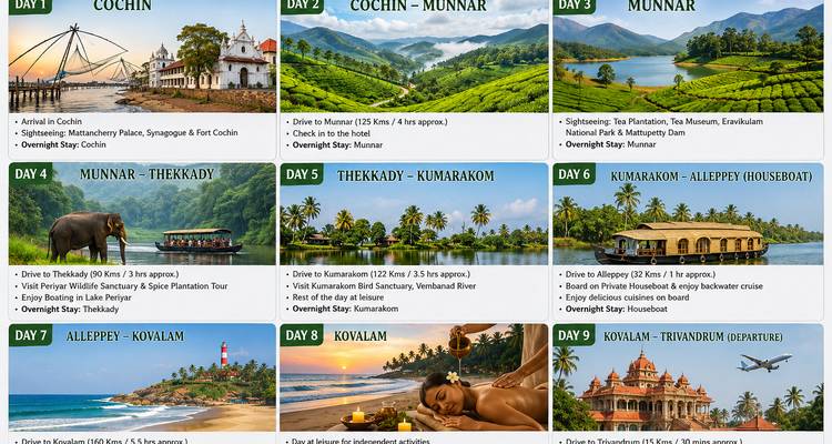 Grafische Fahrplan mit Fotos, die die täglichen Höhepunkte einer Kerala-Reise zusammenfassen.