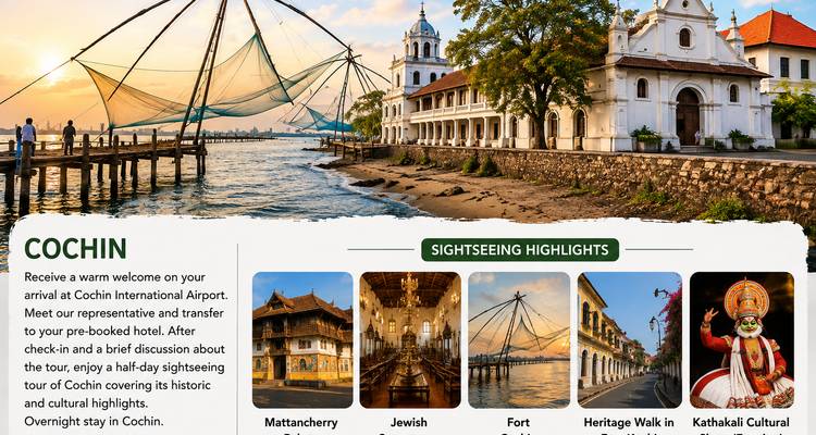 Infografik mit hervorgehobenen Sehenswürdigkeiten in Kochi mit Miniaturbildern und Textblöcken.