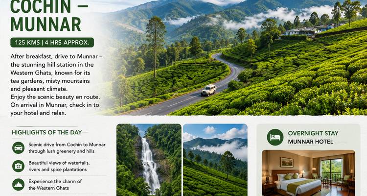 Infografik-Panel mit malerischer Straße nach Munnar mit Fotos von Teeplantagen und Wasserfällen.