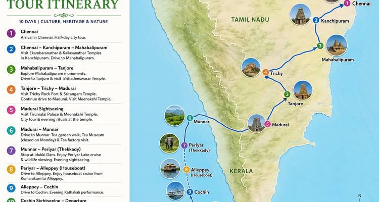 Illustrierte Reiseplan-Karte und tägliche Informationstafeln für eine Südindien-Reise mit Routen und Fotos.