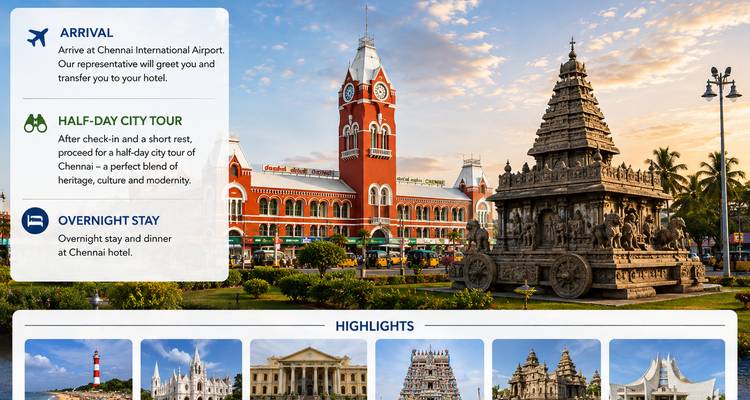 Infografik-Folie zur Ankunft in Chennai mit einer Stadtführungs-Highlights, Textblöcken und illustrativen Fotos.