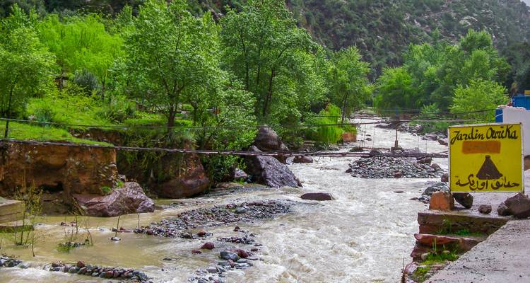La rivière au cours rapide serpente à travers la verdoyante vallée de l'Ourika avec des passerelles et des berges rocheuses.