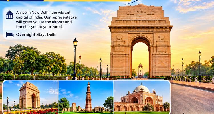 Grafische Itinerarium-Folie mit dem India Gate und mehreren Miniaturbildern mit beschreibendem Text.