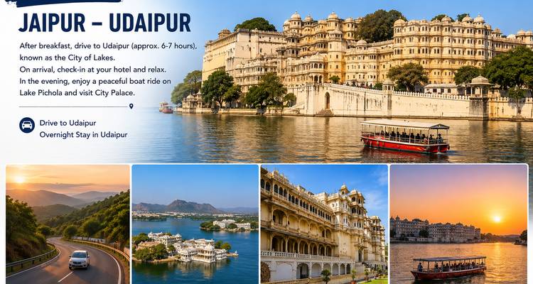 Reisepräsentationsfolie für Jaipur nach Udaipur mit Fotos, Textblöcken und Designelementen.