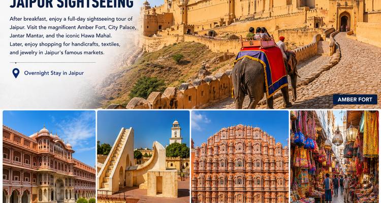 Grafikdarstellung des Reiseablaufs für Besichtigungen in Jaipur mit mehreren Landmarkfotos und Überlagungstext.