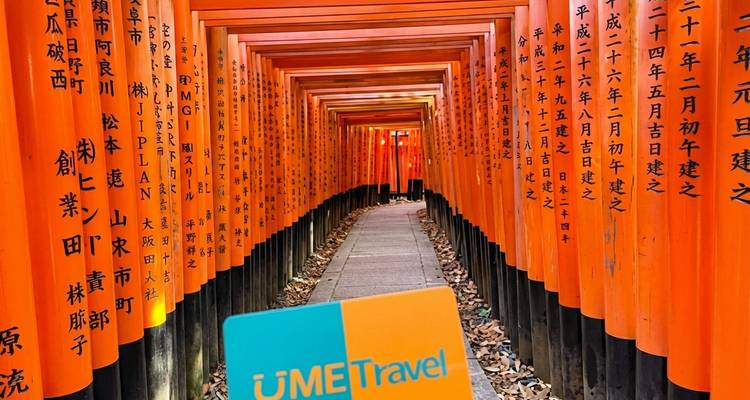 Tunnel aus leuchtend orangefarbenen Torii-Toren in Fushimi Inari mit einer Markenkarte im Vordergrund.