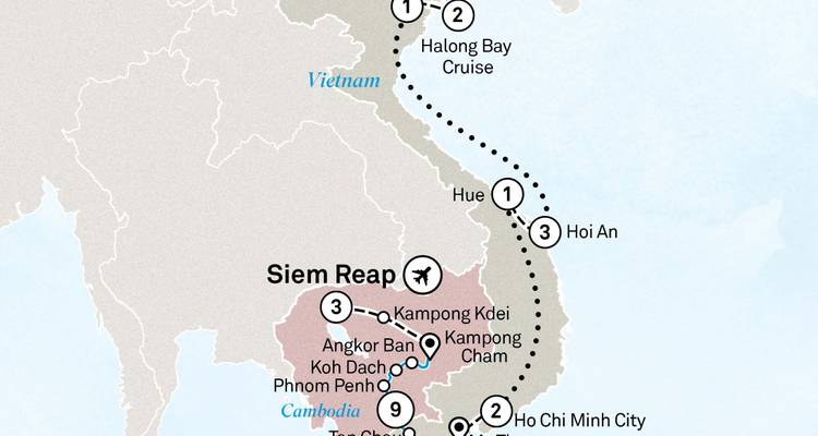 Map showing combined Halong Bay cruise and Mekong journey between Vietnam and Cambodia.