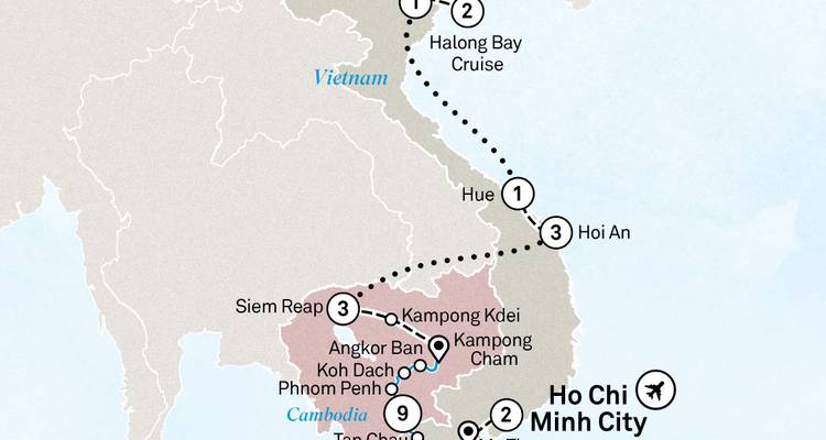 Route map illustrating a multi-stop itinerary across Vietnam and Cambodia.