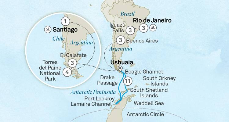 Gedetailleerde cruisekaart met Zuid-Amerikaanse en Antarctische havens en zeeRoutes uitgelicht.