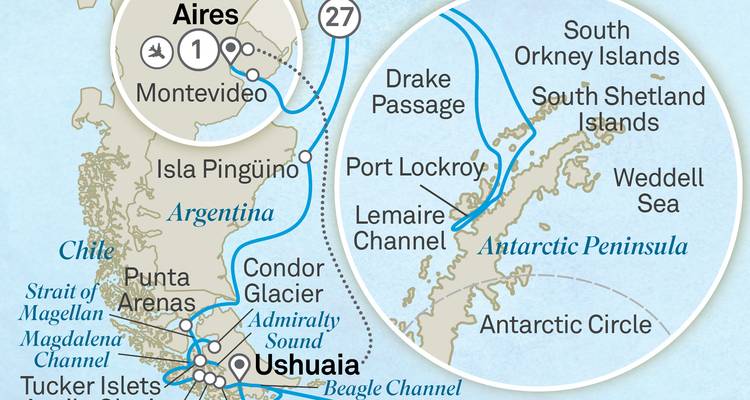 Segmentierte Expeditionskarte mit Wegpunkten der Drake-Passage und der Antarktischen Halbinsel.