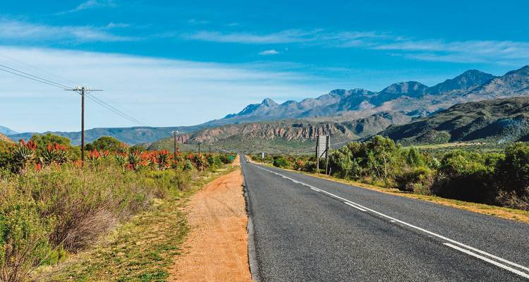 Open country road lined with fynbos and distant mountain ranges under a clear blue sky.