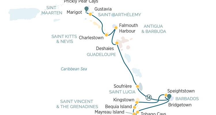 Carte d'itinéraire de croisière des îles des Caraïbes de la Barbade à l'Antigua et aux cayes environnantes