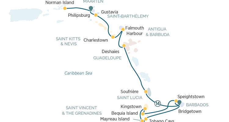 Cruise itinerary map of the Caribbean islands showing route and ports