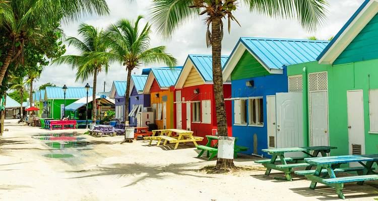 Rangée de cabines de plage peintes de couleurs vives sous les palmiers avec des tables de pique-nique sur le sable blanc.