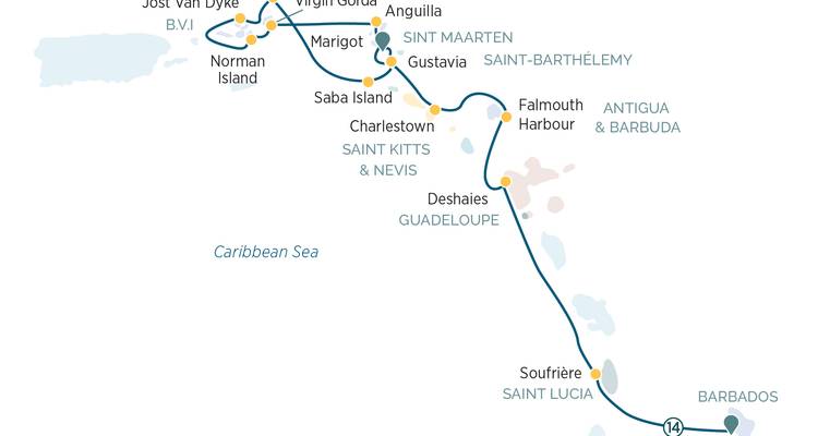Carte de l'itinéraire de croisière à travers les Petites Antilles montrant les escales insulaires et la trajectoire de navigation.