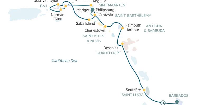 Carte étendue de croisière dans les Caraïbes de la Barbade jusqu'aux îles Vierges britanniques.