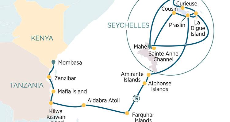 Cruise itinerary map linking Kenya, Tanzania and the Seychelles archipelago.
