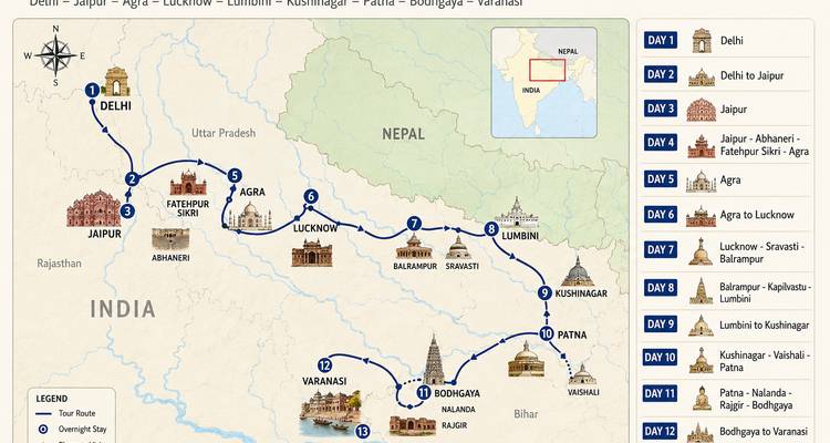 Illustrierte Routenkarte, die eine mehrtägige Rundreise durch Nordindien und Nepal mit Symbolen und Pfeilen darstellt.