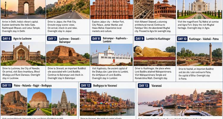 Grafik mit umfangreicher Beschreibung eines Reiseablaufs, der Highlights und tägliche Aktivitäten einer Reise zum Goldenen Dreieck und zu buddhistischen Staetten beschreibt.