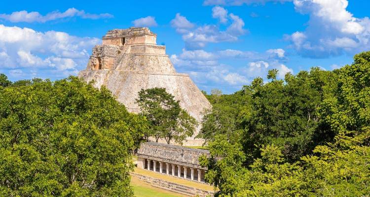 Iconische Piramide van de Tovenaar in Uxmal die uit de dichte Yucatán jungle en blauwe hemel oprijst.