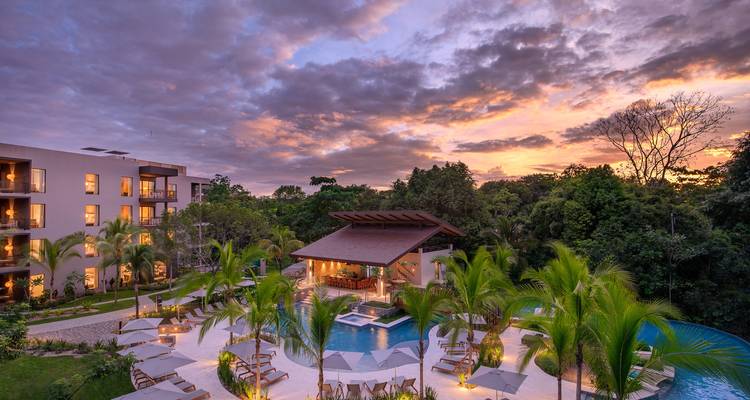 Eleganter Pool und eine Bar des Regenwaldresorts, umgeben von Palmen während eines lebendigen tropischen Sonnenuntergangs.