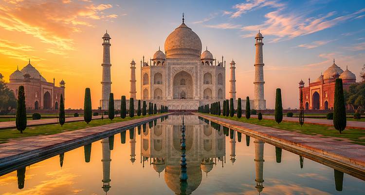 Atemberaubender Sonnenaufgangsblick auf das Taj Mahal, das sich perfekt im langen Becken spiegelt, mit einem farbenfrohen Himmel darüber.