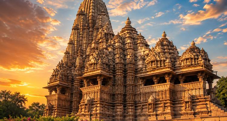 Der kunstvoll geschnitzte Khajuraho-Tempel, getaucht in dramatisches goldenes Licht der Stunde vor Sonnenuntergang, vor einem lebendigen Abendhimmel.
