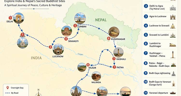 Illustrierte Karte mit einer Reiseroute durch buddhistische Stätten in Indien und Nepal.