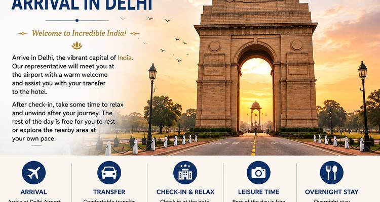 Marketingfolie mit dem Titel "Ankunft in Delhi" mit Foto des India Gate und Symbolen.