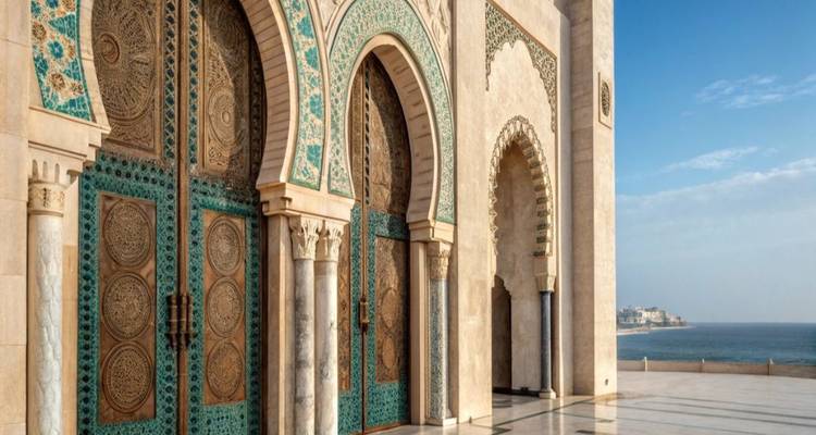 Les portes et les arches ornées turquoise et or d'une grande mosquée dominant l'océan Atlantique sous un ciel bleu dégagé