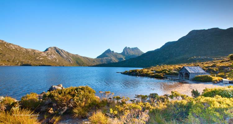 Lac d'une clarté cristalline avec une cabane en bois située face aux pics de la Cradle Mountain sous un ciel bleu éclatant