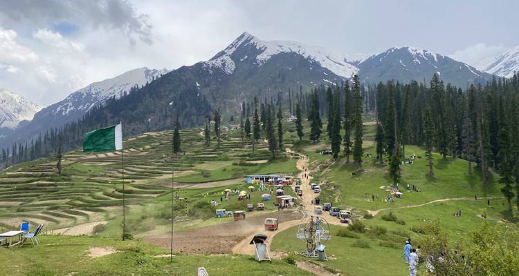Terrassierte grüne Hügel mit vereinzelten hohen Kiefern, eine pakistanische Flagge im Wind und schneebedeckte Berge im Hintergrund.