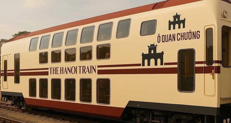 Außenansicht der Seitenseite eines zweigeschossigen Eisenbahnwagens in Creme und Burgunderrot mit der Bezeichnung "The Hanoi Train" auf Eisenbahnschienen.
